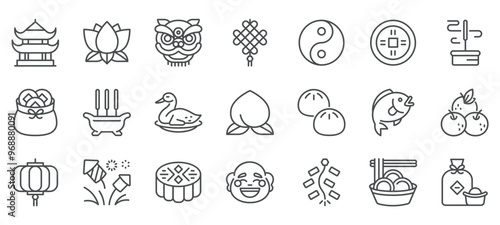 Lunar New Year Icon Set. Traditional Symbols of Chinese New Year Celebration, Including Lanterns, Dragon Dance, Lucky Coins, Dumplings, Firecrackers, and Festive Foods.
