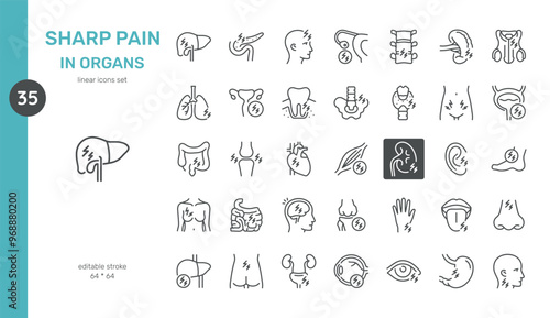 Sharp Pain in Human Organs Icon Set. Includes Symbols of Pain in Liver, Heart, Lungs, Brain, Spine, Muscles, Teeth, Joints, and More. Medical and Anatomy Outline Illustrations.
