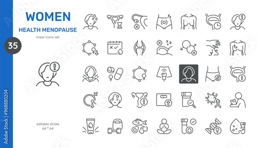 Women Health and Menopause Icon Set. Comprehensive Collection of Menopause Symptoms, Hormonal Changes, Healthcare, and Treatment Options. Includes Weight Gain, Hot Flashes, Supplements, Exercise, etc.