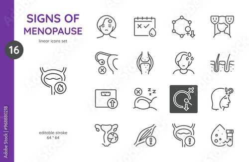 Signs of Menopause Icon Set. Illustrations Representing Symptoms Like Hot Flashes, Hormonal Imbalance, Irregular Periods, Mood Swings, Weight Gain, and More. Medical and Health-Related Symbols.