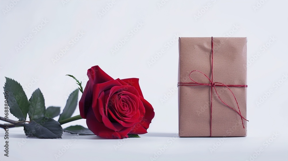A red rose with detailed petals placed next to a neatly wrapped gift box on a white background. A red rose with detailed petals placed next to a neatly wrapped gift box on a white background.