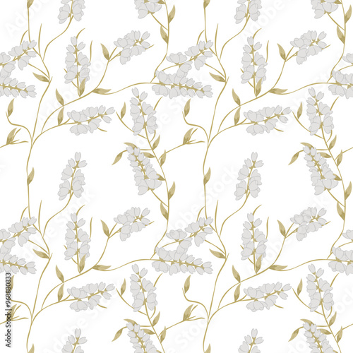 Delicate White Floral Vine Pattern with Green Leaves on Light Background seamless pattern vector illustration for Nature-Inspired Decor, wallpaper, textiles, fabric and designer packaging.