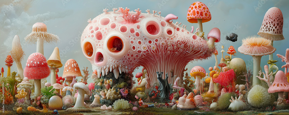 Naklejka premium Surreal Mushroom Skull Alien Landscape, Trendy Halloween Design. Weird Creature, Skeletal Shapes, Dark Medieval Aesthetics. Creative Madness, Subconscious, Horror Beauty, Contemporary Psychedelic Art