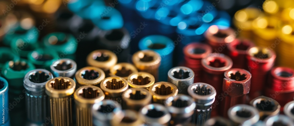 A close-up of colorful mechanical parts arranged in a captivating pattern, showcasing a spectrum of metallic hues and intricate designs on a blurred background. A close-up of colorful mechanical parts arranged in a captivating pattern, showcasing a spectrum of metallic hues and intricate designs on a blurred background.