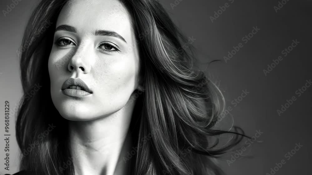 A serene moment captured with flowing hair in soft black and white luminance A serene moment captured with flowing hair in soft black and white luminance