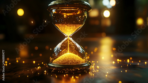 Glass hourglass with glowing sand falling through