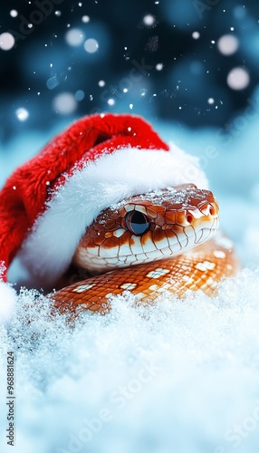 Adorable Snake with Santa Hat in the Snow, Symbol of the Year 2025 in Chinese Calendar