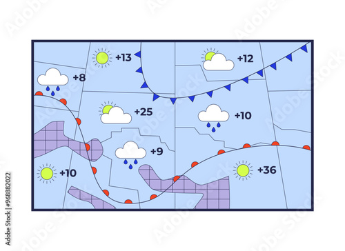 Forecast weather map 2D cartoon object. Meteorology predicting precipitation, temperature. Reporting weather conditions isolated element flat vector clipart on white background. Spot illustration