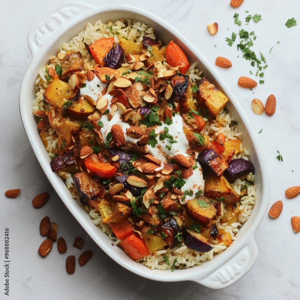 A colorful dish featuring rice, vegetables, yogurt, and almonds, garnished with herbs. A colorful dish featuring rice, vegetables, yogurt, and almonds, garnished with herbs.