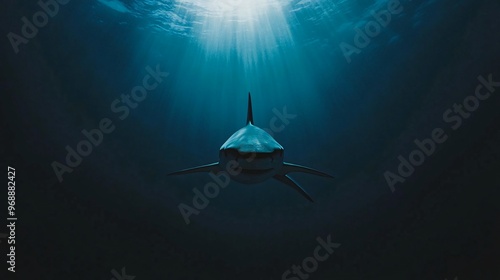 A lone shark swims towards the camera with a beam of light shining down from above in the deep blue water. photo