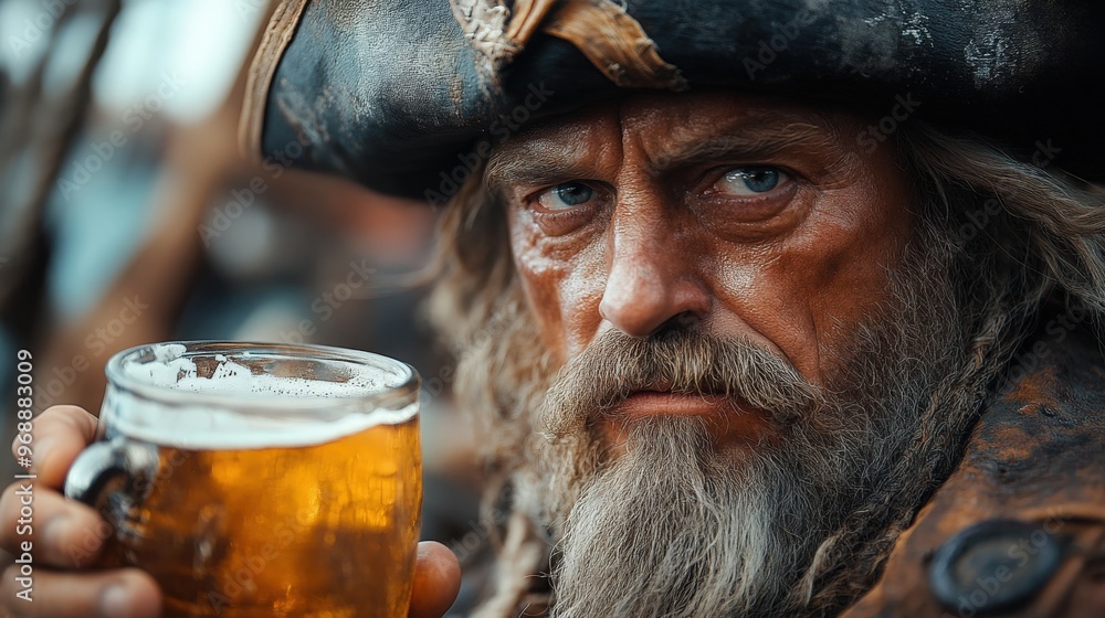 Fototapeta premium The pirate lifts a beer mug, his weathered face and fierce eyes shining in the festive scene