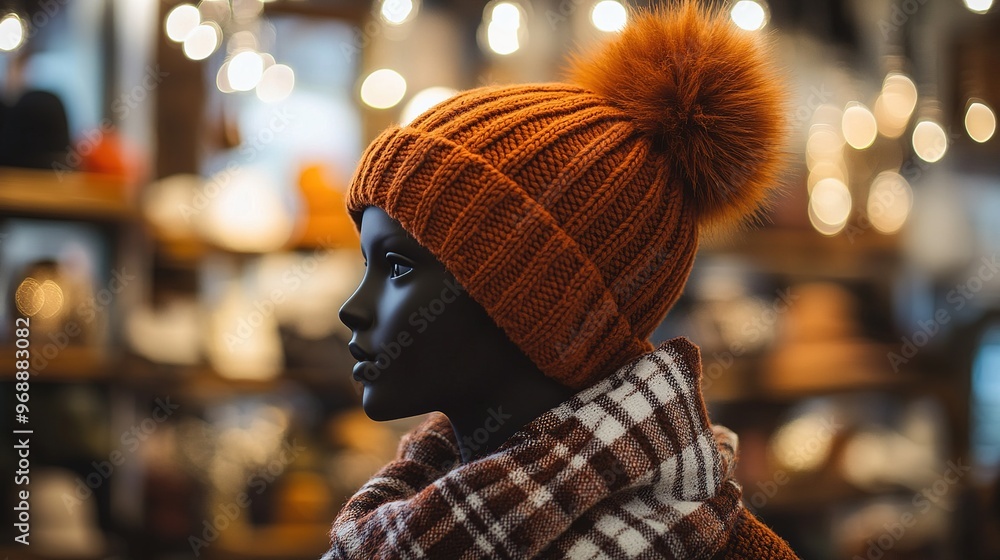 Mannequin wearing a warm orange hat in a fashionable boutique Mannequin wearing a warm orange hat in a fashionable boutique
