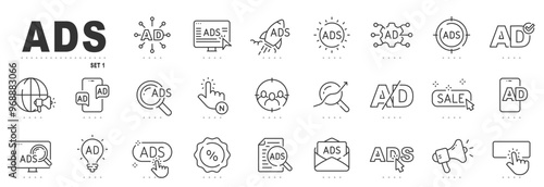 Advertisement line icons. Ads, marketing, promotion, email, click etc. Editable stroke.