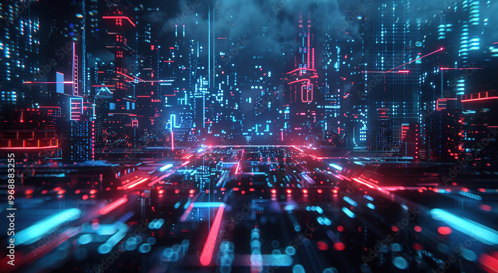 A futuristic cityscape with neon lights in blue and red house against a dark background. Concept of technology and cyberpunk urban landscape