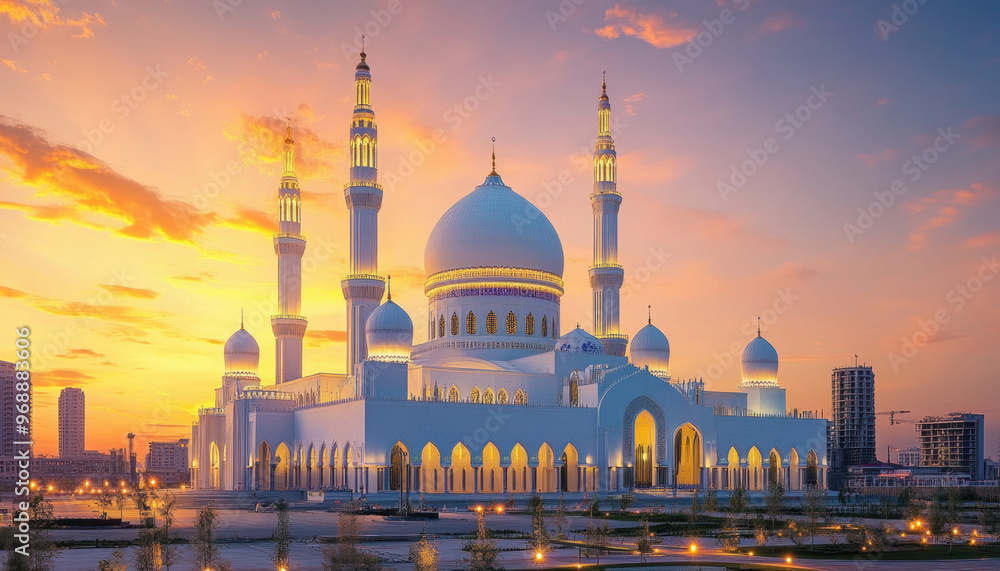 Obraz premium Hazrat sultan mosque shining during golden hour in astana, kazakhstan