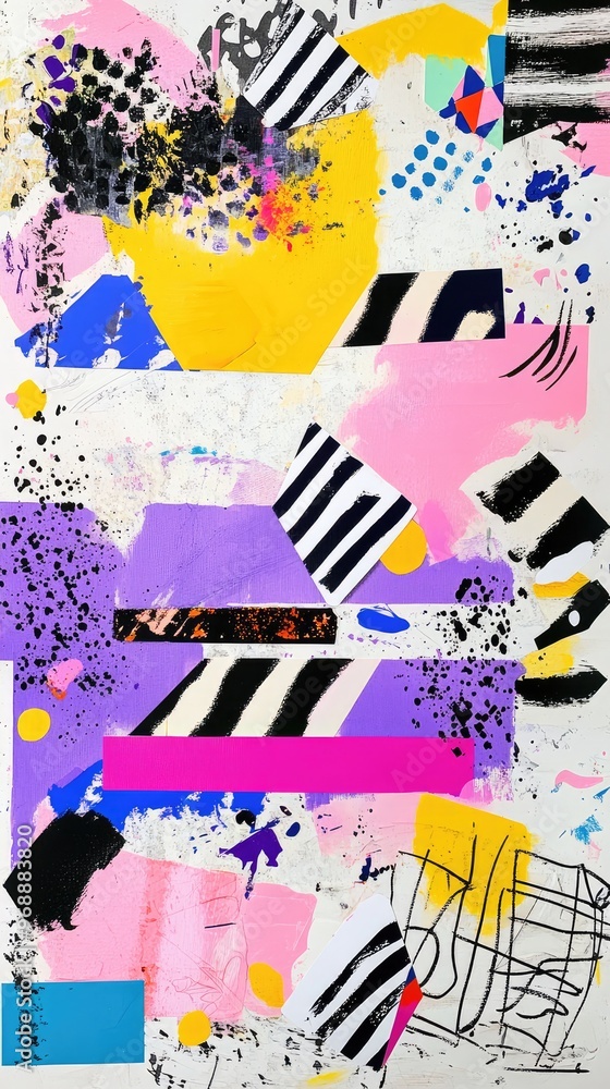 Obraz premium Abstract geometric shapes collage and patterns in vibrant colors. Contemporary art painting