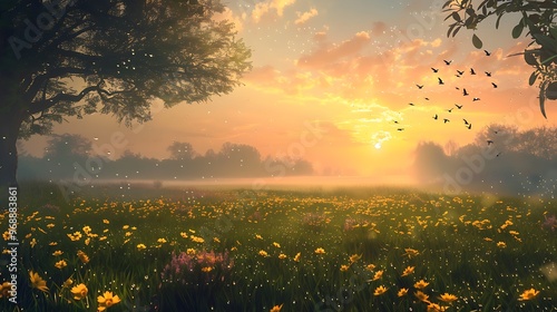 A tranquil spring morning illustration of a misty field with dewdrops on blooming flowers and birds flying against the early light of the sun. 8k UHD, suitable for high-quality printing or digital  photo