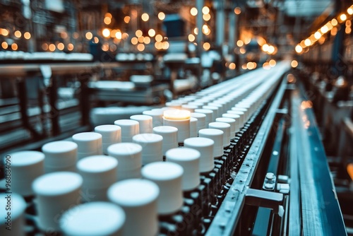 White Cylindrical Containers Moving on a Conveyor Belt in a Factory