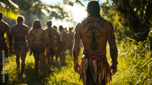 Indigenous spiritual leader guiding a group through a ceremonial procession, ancient symbols painted on their bodies, walking toward a sacred site