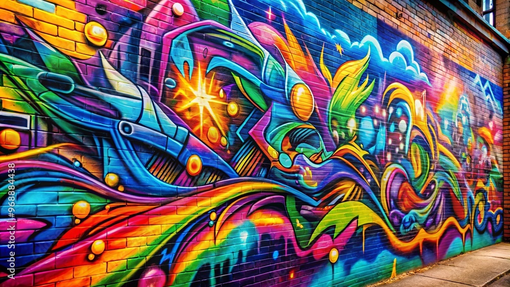 Fototapeta premium Detailed graffiti art of a colorful aerosol painting on a wall
