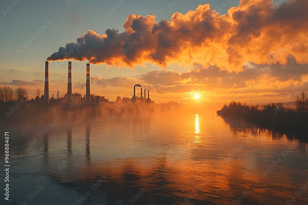 Industrial power plant emissions at sunrise with smokestacks over river reflections Industrial power plant emissions at sunrise with smokestacks over river reflections