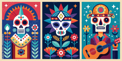 Colorful dia de los muertos posters with traditional skulls and floral designs