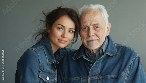 Young woman and her grandfather posing together in matching denim jackets