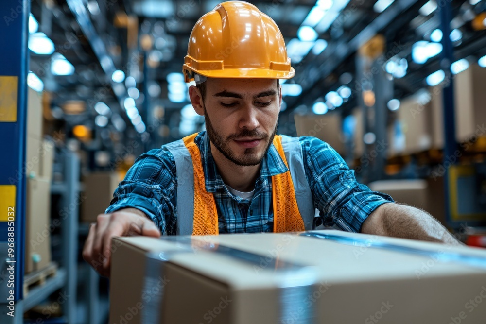 A Warehouse Worker in a Yellow Hard Hat Carefully Places a Box on a Shelf A Warehouse Worker in a Yellow Hard Hat Carefully Places a Box on a Shelf
