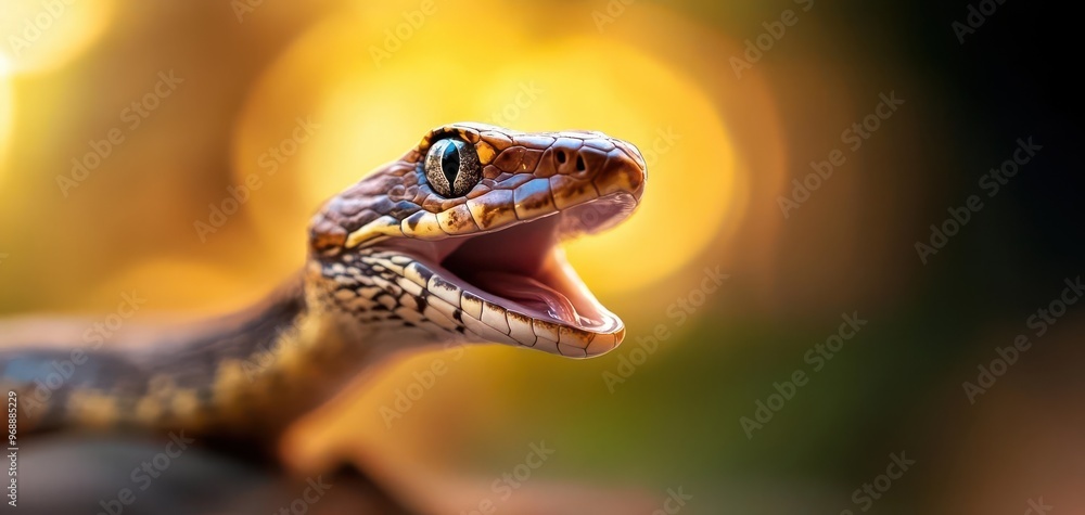 A close-up shot of a snake with an open mouth, showcasing its vibrant scales and striking eyes against a blurred background. A close-up shot of a snake with an open mouth, showcasing its vibrant scales and striking eyes against a blurred background.