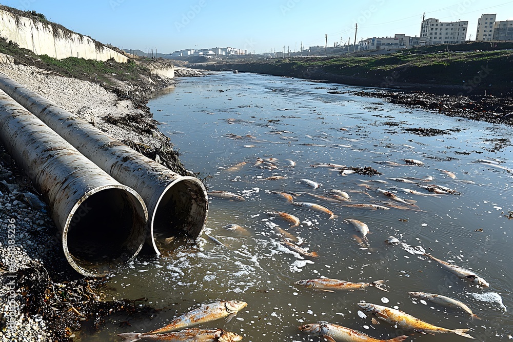 Polluted river with dead fish highlighting environmental crisis Polluted river with dead fish highlighting environmental crisis