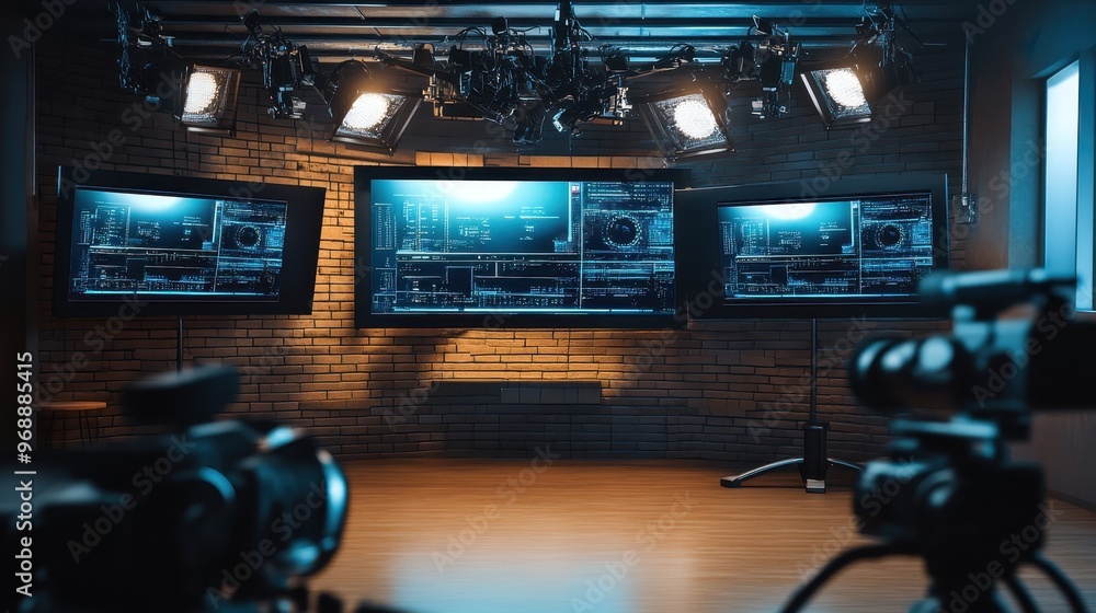 The studio features three large monitors, cameras, and lights, creating a professional production atmosphere The studio features three large monitors, cameras, and lights, creating a professional production atmosphere