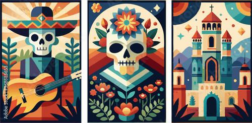 Dia de los muertos celebration posters featuring skeletons, traditional flowers, and vibrant architecture