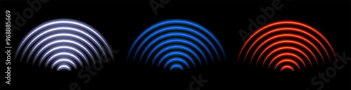 3D Wi-Fi waves with blue neon radial light. Wireless data transmission and radar signal effect. Glowing symbols for sound scan technology and network monitoring. Symbols digital flow and protection.