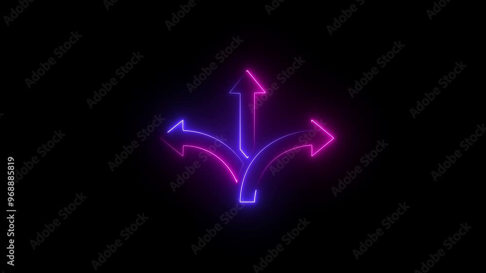 Glowing way direction arrow sign animation ,Road traffic signal turn left and right arrow icon. Three arrow ways icon animation ,traffic control road sign curve arrow animated on black background Glowing way direction arrow sign animation ,Road traffic signal turn left and right arrow icon. Three arrow ways icon animation ,traffic control road sign curve arrow animated on black background