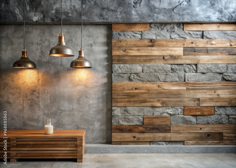 Worn concrete wall with rough stone texture and wooden panel accent adding warmth and character to a cozy industrial-chic space. Worn concrete wall with rough stone texture and wooden panel accent adding warmth and character to a cozy industrial-chic space.