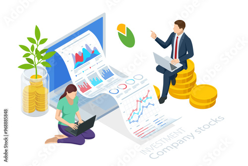 Isometric Investment Company stocks. Investments in company shares. Monetary investment and profit. Success in business and investments. Financial and stock trading