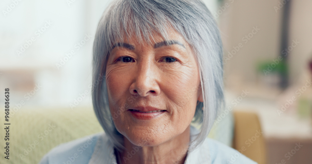 Senior, relax and portrait of Asian woman in retirement home for pension, peace and old age care. Wellness, calm and satisfaction with elderly person on sofa in living room for pride and memory Senior, relax and portrait of Asian woman in retirement home for pension, peace and old age care. Wellness, calm and satisfaction with elderly person on sofa in living room for pride and memory