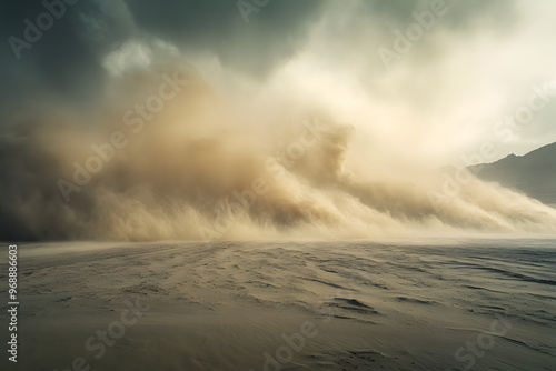 A dramatic sandstorm sweeps across a barren desert with dark clouds overhead, capturing the raw power and intensity of nature's forces.