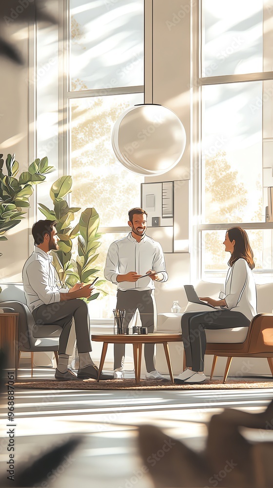 Obraz premium Three colleagues discussing work in a modern office with large windows and natural light.