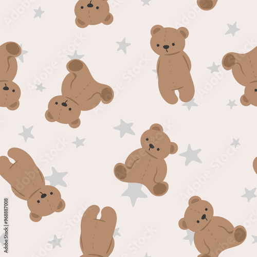 Seamless pattern of cute teddy bear in various poses on white background. Hand drawn Wild animal Baby clothing Kawaii Vector Illustration.