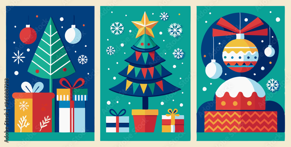 Festive christmas posters with abstract trees and gifts for holiday decor Festive christmas posters with abstract trees and gifts for holiday decor