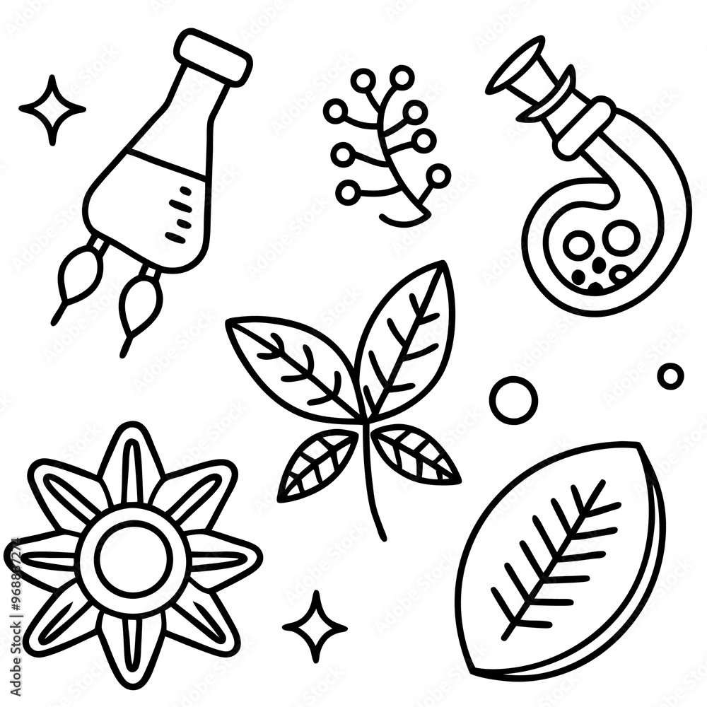 biology doodle set outline coloring book page line art drawing biology doodle set outline coloring book page line art drawing