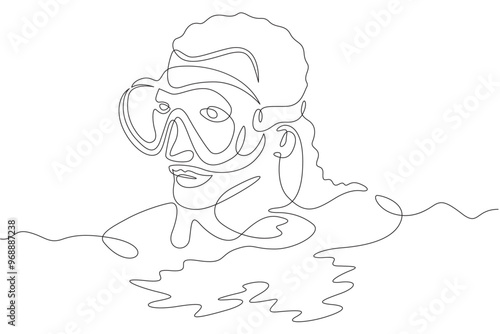 Continuous one line drawing  diver girl in mask. Swimmer in water with mask and snorkel. Woman swims in sea. One continuous line isolated minimal illustration.
