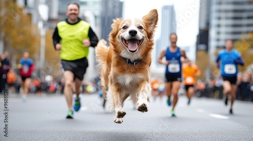 A happy dog leaps joyfully among runners in the middle of a city race, capturing the thrill and dynamic atmosphere of the event, with participants blurred in motion around him. photo