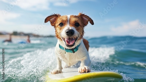 A cheerful dog enjoys surfing on a sunny beach, balancing on a surfboard with waves splashing around, epitomizing fun, adventure, and the thrill of the ocean.