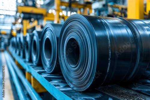 Close-up of Rolled Black Material in a Factory Setting photo