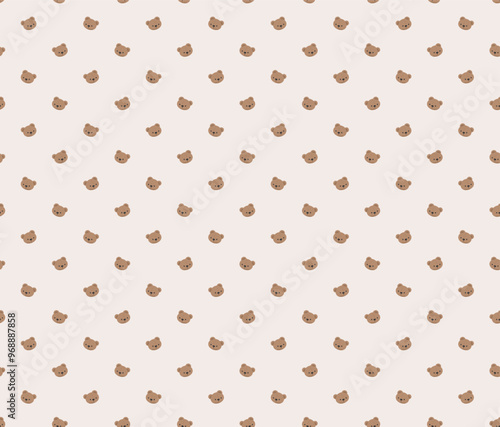 hand drawn cute brown teddy bear face on a pastel beige background, kids seamless pattern for textile or fabric