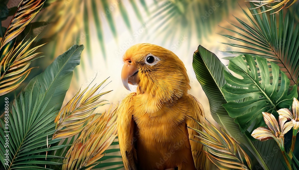 Obraz premium Golden parrot with tropical elements