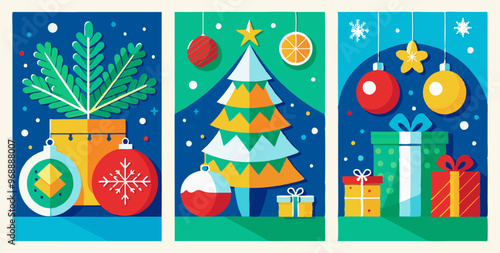 Festive christmas poster collection with ornaments, gifts, and holiday tree for seasonal celebration