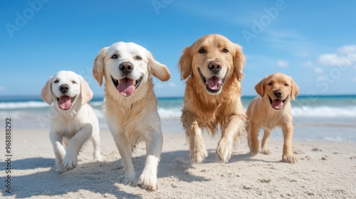 Group of dogs cheerfully running on the sandy beach towards the camera on a clear sunny day, showcasing their joy, enthusiasm, and playful nature. photo